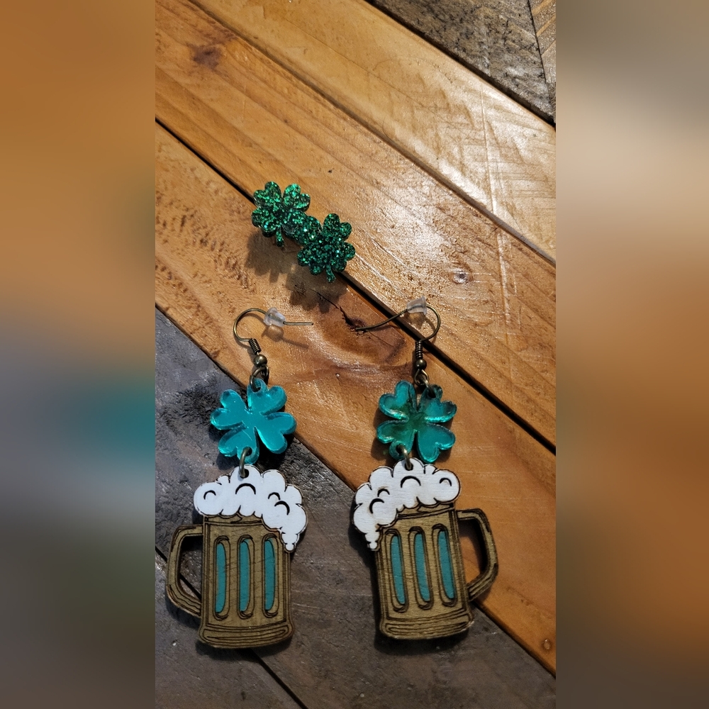 Beer Mug and Shamrock Earrings